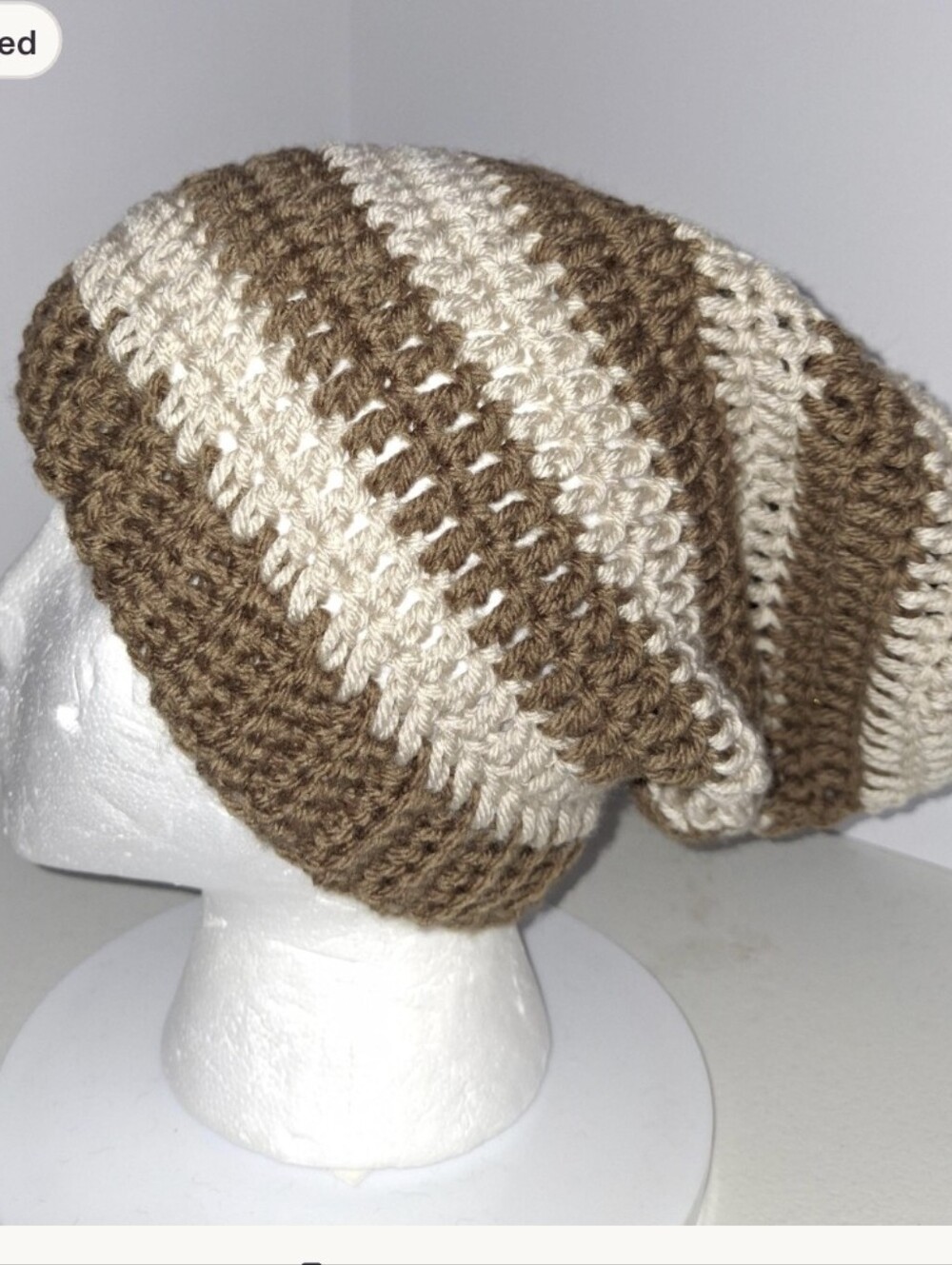 Beanie Slouchy Cap XL Brown And Beige Striped Crocheted Handmade